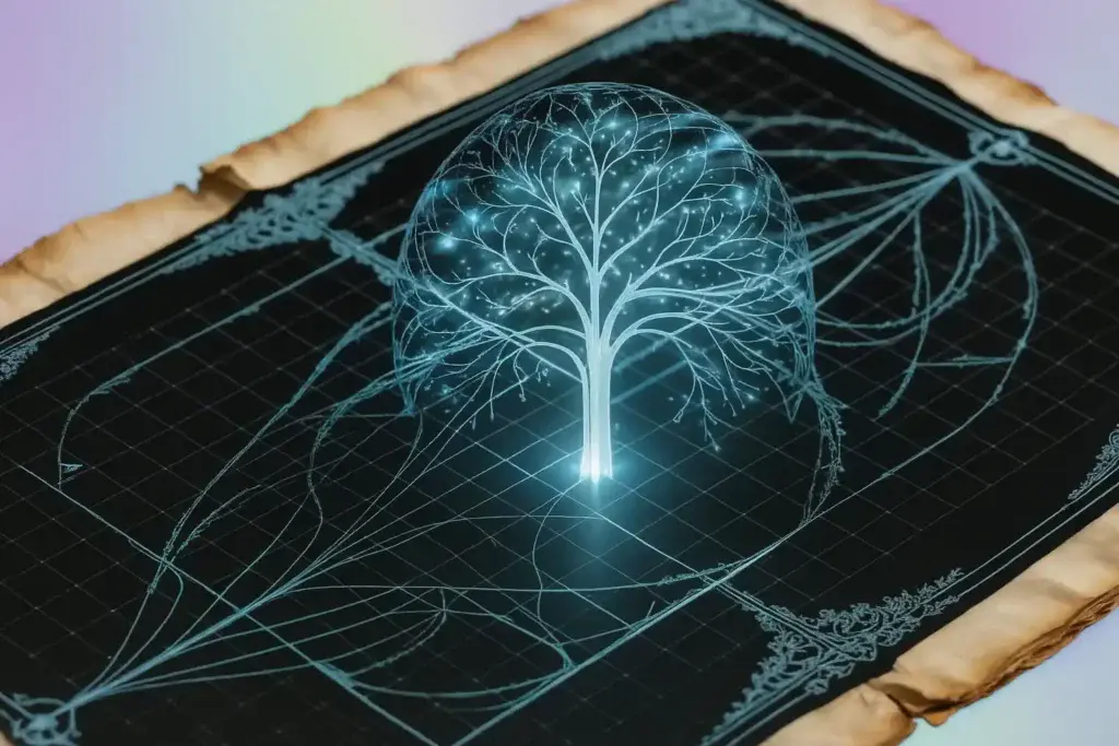 AI Olympiad Program visualized as a glowing tree-like neural network over math paper, symbolizing AI's leap in Olympiad-level reasoning.