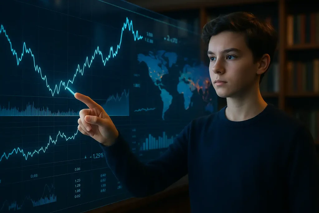 A high school team analyzes economic graphs on a tablet—symbolizing strategy and preparation for the Canadian Economics Olympiad.