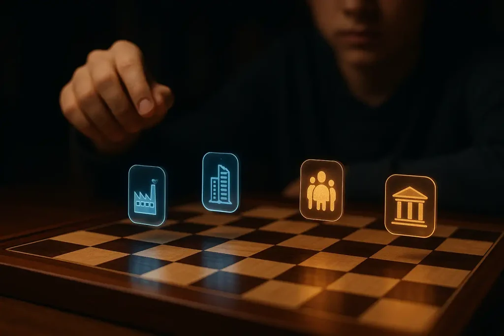 Game theory in economics illustrated through a futuristic chessboard with holographic icons representing market strategies and economic competition.