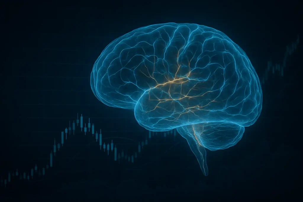 AI in Economics visualized through a glowing brain over a market chart, symbolizing algorithmic thinking and Olympiad-level analysis.