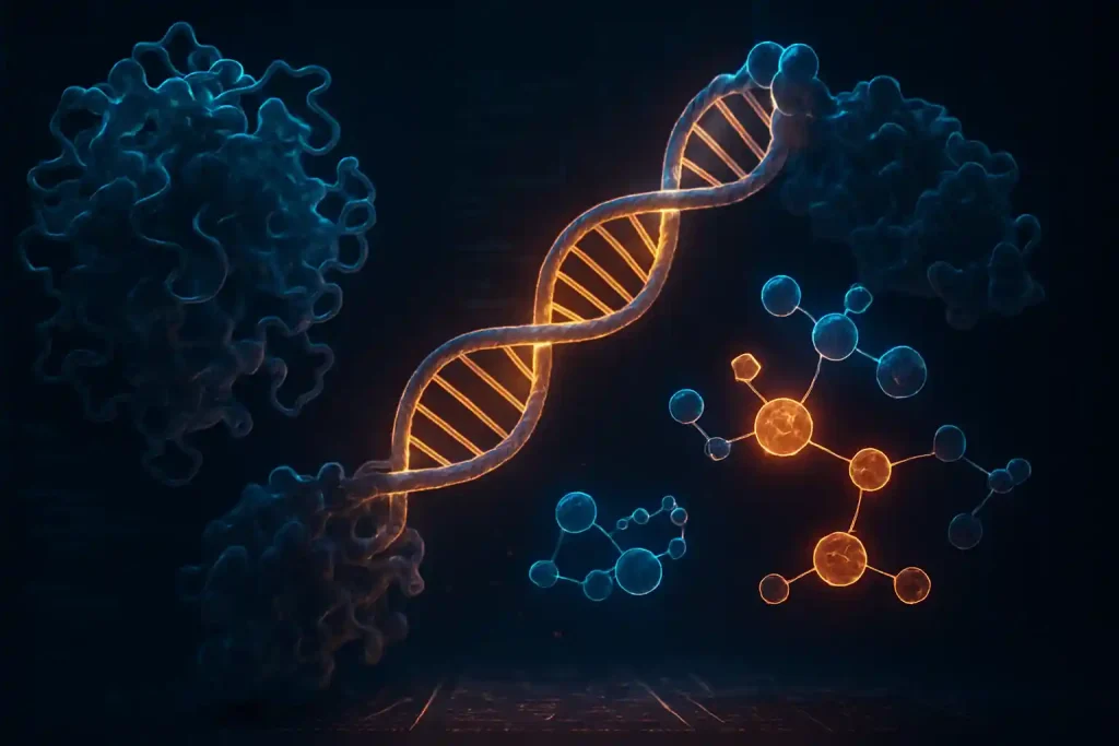 AlphaFold 3 drug discovery visualization showing AI-predicted protein and DNA molecular interactions in 3D digital rendering.